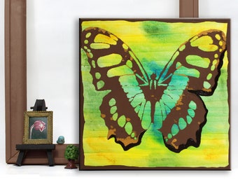 Vivid Butterfly Painting Art on Small Canvas, Yellow and Green Wax Pigment Butterfly Nature Art - 10x10