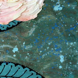 Close up of wavy and speckled background on peach peony painting with impasto texture on a green and teal canvas art original