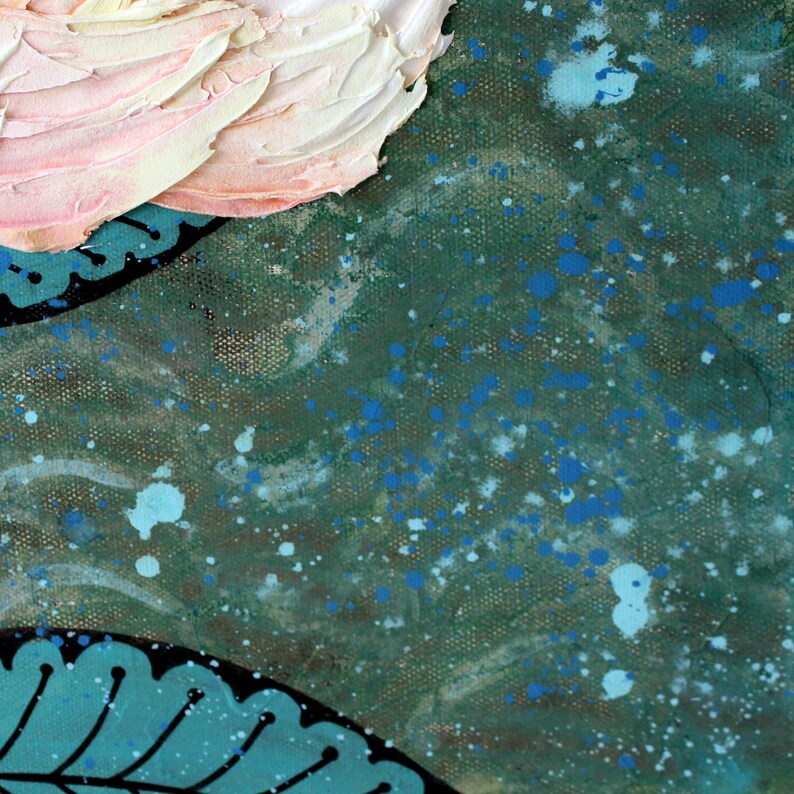 Close up of wavy and speckled background on peach peony painting with impasto texture on a green and teal canvas art original