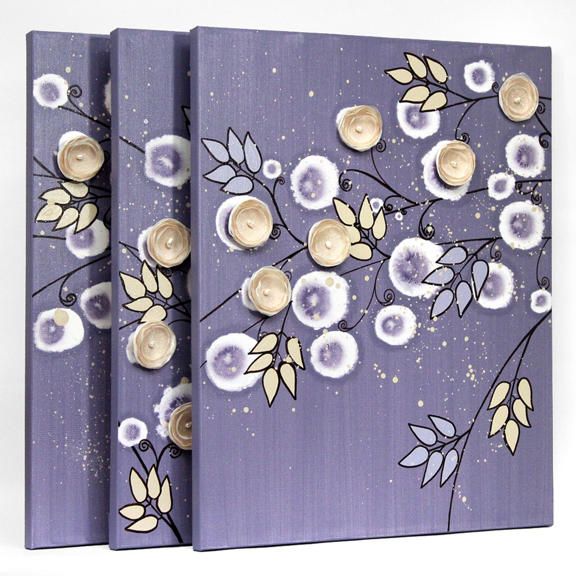 Large Purple Wall Art With 3D Flower Branches on Triptych Etsy