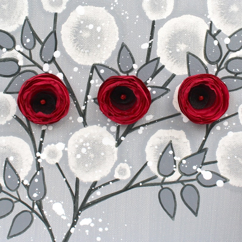 Center view of red rose painting with fluffy hand crafted flowers on a small canvas in red and gray