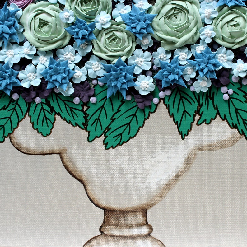 Close up of French gray vase and background on farmhouse wall art for entryway with sculpted 3d flowers in a vase still life painting on canvas