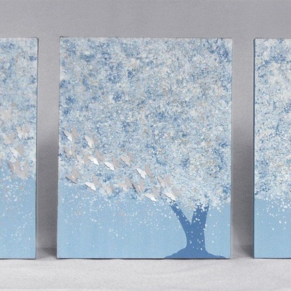 Triptych Painting - 35X14 LARGE Canvas - Silver Butterfly Tree