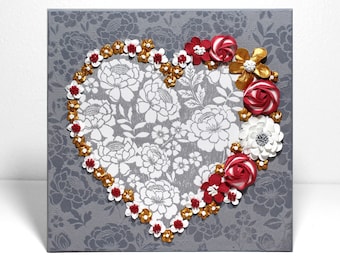 Red Heart Painting with 3D Sculpted Roses on Gray Lacy Floral Art on Canvas - Small 10X10