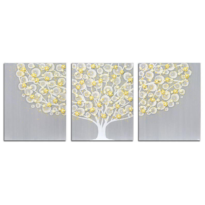Yellow and Gray Wall Art on Split Canvas Triptych Original Etsy