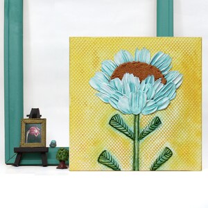 Impasto Flower Painting on Yellow Honeycomb Textured Canvas, Small Cheery Artwork for Shelf or Wall Décor - 10x10