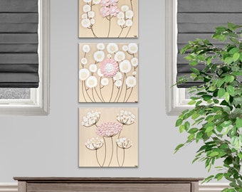 Hand Painted Nursery Art with 3D Sculpted Flowers on 3 Canvas Wall Art Set in Soft Pink and Beige - 32x10