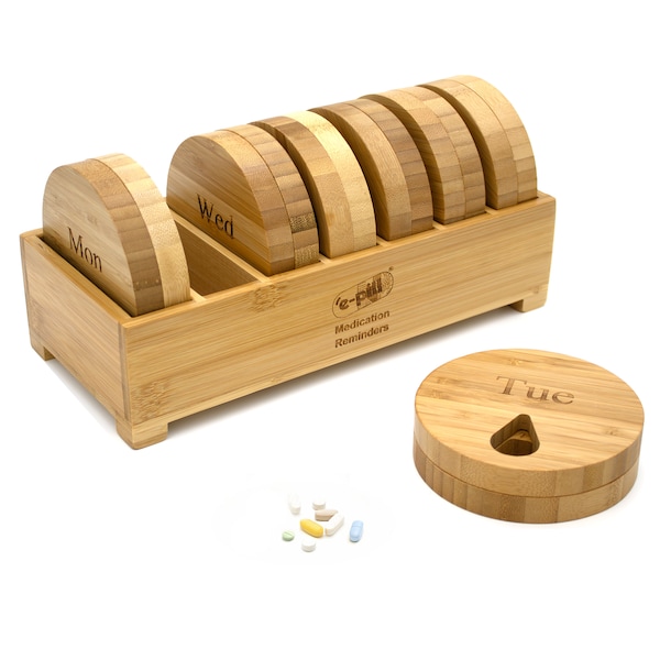 e-Pill Bamboo Weekly Pill Organizer, 7-Day Pill Box for Tablets, Vitamins, or Supplements