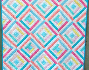 Classic Log Cabin baby quilt with a modern twist, Bright and Colorful Baby Quilt