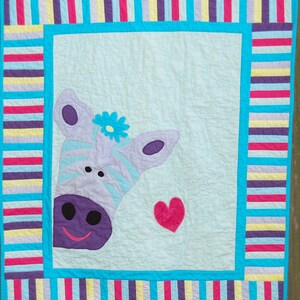 Adorable lavender Zebra baby quilt, Cute and colorful made to be loved baby quilt, applique zebra baby quilt