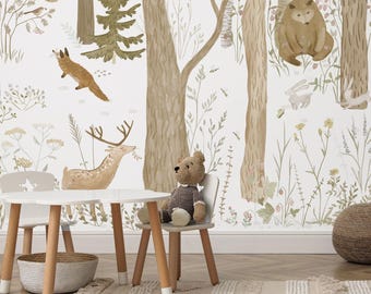Woodland Forest Animal Wall Mural for Kids room or Playroom, Scandinavian nature wallpaper with Bear, Fox, Deer and Trees