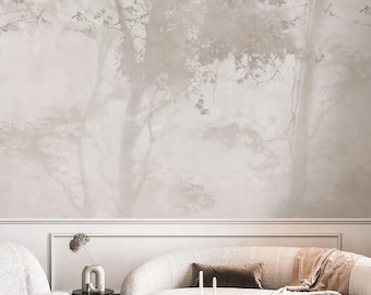 Neutral Tree Shadow Wall Mural, Beige Grey Botanical Wallpaper, Japandi Wabi Sabi Decor