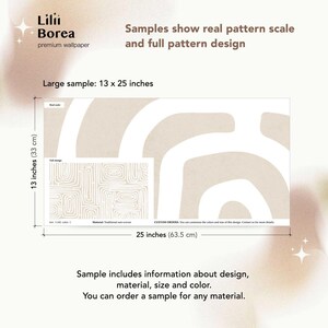 May include: A sample of premium wallpaper from Lilii Borea, featuring a beige and white abstract design. The large sample measures 13 x 25 inches. The image includes text about the design, material, size, and color of the wallpaper.