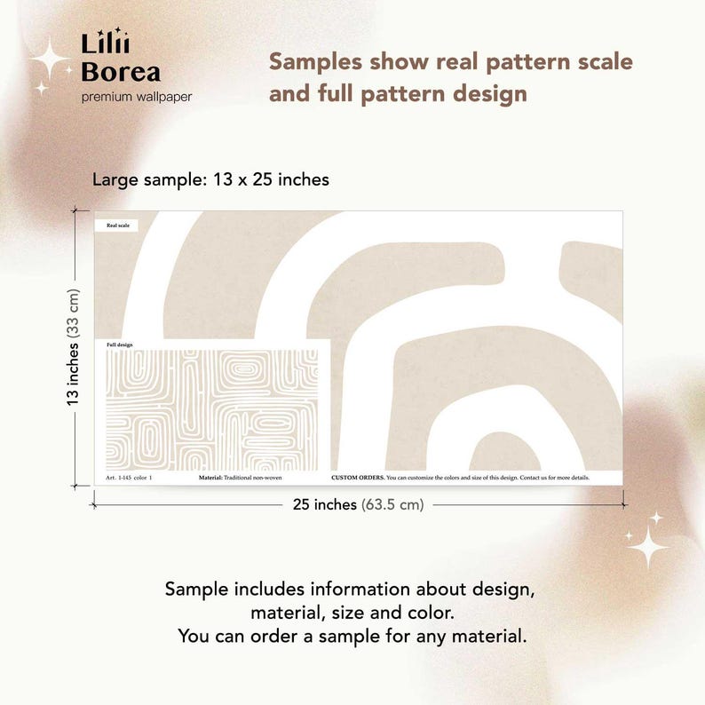 May include: A sample of premium wallpaper from Lilii Borea, featuring a beige and white abstract design. The large sample measures 13 x 25 inches. The image includes text about the design, material, size, and color of the wallpaper.