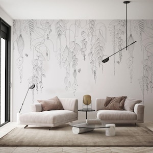 Minimalistische schwarz-weiße Linien-Tapete, handgezeichnete botanische Linienkunst-Tapete - elegantes hängendes Blätter-Design für einzigartigen Einrichtungsstil