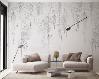 Black and White Botanical Line Art Wallpaper – Hanging Leaves Wall Mural, Minimalist Monochrome Peel and Stick or Traditional 5-124 с4
