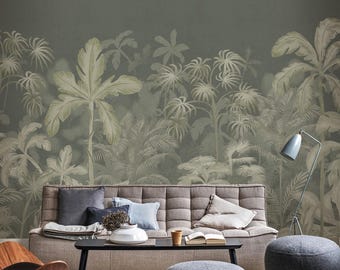 Green Tropical Palm Tree Wallpaper – Botanical Wall Mural for Bedroom, Dining Room or Office, Elegant Soft Jungle Wall covering 5-146 с2