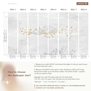 May include: Wallpaper rolls with a light gray and white cloud design, featuring gold-colored birds in flight. Each roll is 25 inches (63.5 cm) wide. The image includes instructions on how to measure and choose the wallpaper size.