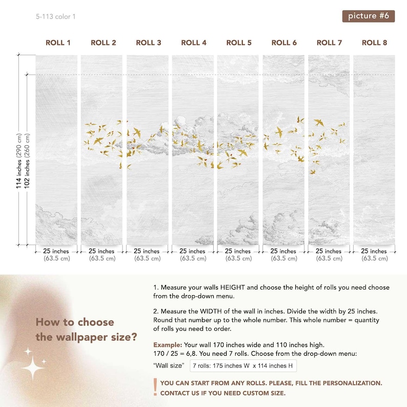 May include: Wallpaper rolls with a light gray and white cloud design, featuring gold-colored birds in flight. Each roll is 25 inches (63.5 cm) wide. The image includes instructions on how to measure and choose the wallpaper size.