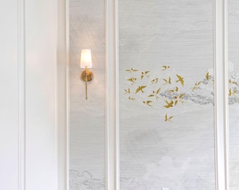 Accent Wall Wallpaper Panels, Birds in Clouds Wallpaper, French Panel Wall Mural, Wallpaper for Moldings, Elegant Bird Wallpaper