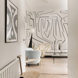 Modernes abstraktes Line Art Wandbild - Schwarzes minimalistisches geometrisches Muster auf weißem Hintergrund für Wohnzimmer, Schlafzimmer, Bürowände 1-141с4