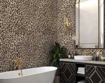Leopard Wallpaper for Bathroom, Beige Animal Print Wall Panels, Neutral Powder Room Decor, Ready to Install Wall Covering