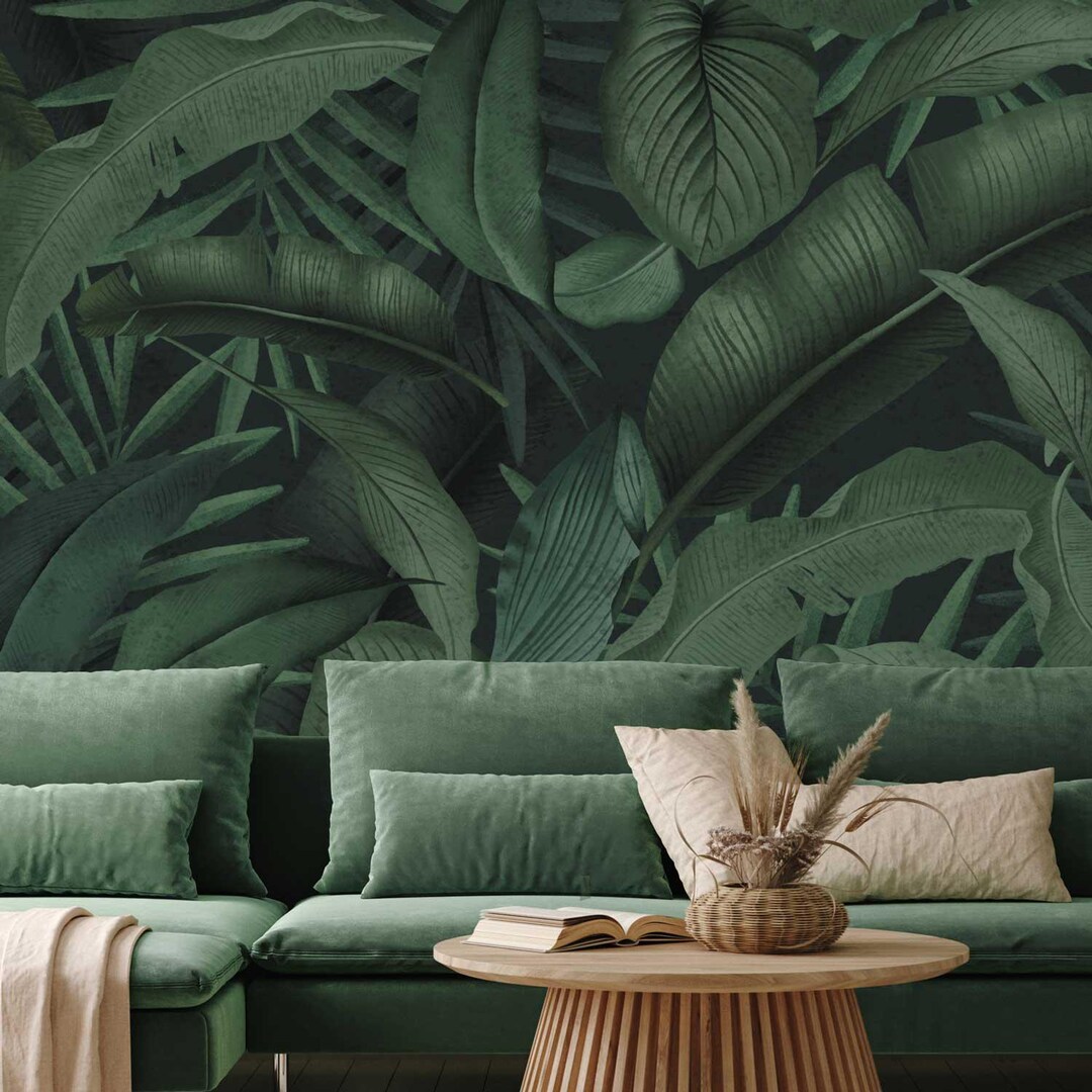Dark Tropical Leaves Wallpaper – Moody Green Jungle Wall Mural for ...