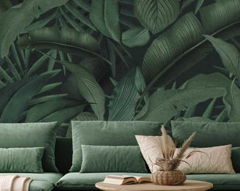 Dark Tropical Leaves Wallpaper – Moody Green Jungle Wall Mural for Living Room, Bathroom, or Dining Room – Deep Botanical Statement Wall