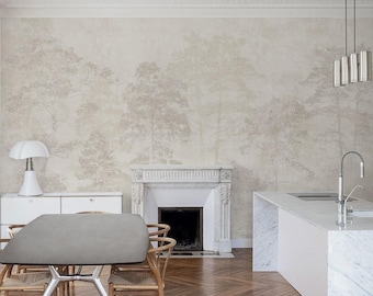Beige Forest Wall Mural, Neutral Tree Wallpaper Panels, Limewash Textured Decor for Bedroom, Living Room or Bathroom