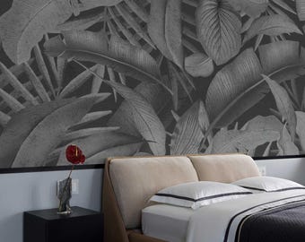 Dark Tropical Leaf Wallpaper – Charcoal Botanical Wall Mural for Living Room, Dining Room or Modern Interior Accent Wall, 5-134 color 2