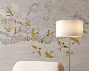 Elegant Swallow Bird Wallpaper – Hand-Drawn Cloudy Sky Mural for Bedroom or Living Room, Classic French Neutral Wall Covering