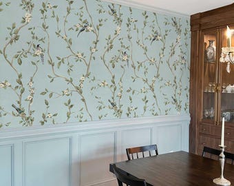 Chinoiserie Bird Wallpaper, Blue Botanical Wallpaper Peel and Stick, Traditional Floral Wall Mural for Dining Room