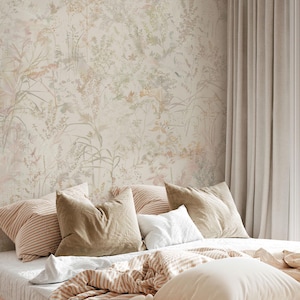 Watercolor wild floral wallpaper, Soft botanical floral wall mural, little floral with grass wallpaper, field flowers wall mural