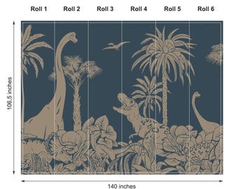 Marineblaue Dinosaurier-Tapete mit einem stilvollen, verspielten und abenteuerlichen Touch.