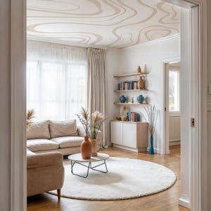Tapete an der Decke, beige & weiße Linien selbstklebendes Wandbild, abstraktes Schälen und aufkleben Wandbild, minimalistisches Design entfernbare Tapete