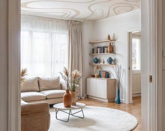 Wallpaper on the ceiling, beige & white lines self adhesive wall mural, abstract peel and stick mural, minimalist design removable wallpaper
