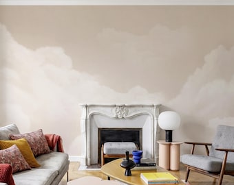 Beige Cloud Wallpaper Peel and Stick, Soft Neutral Sky Wall Mural, Elegant Abstract Clouds Wallpaper, Removable Boho Beige Wall Decor