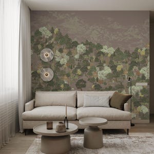 Moss Green Forest Mural – Moody Woodland Wallpaper with Trees and Clouds for Living Room, Bathroom or Study Accent Wall, 5-187R c5