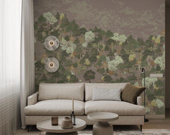 Moss Green Forest Mural – Moody Woodland Wallpaper with Trees and Clouds for Living Room, Bathroom or Study Accent Wall, 5-187R c5