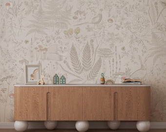 Neutral wallpaper with forest animals for a children's or playroom , designer woodland nursery wallpaper, Graphic fly agaric mushroom mural
