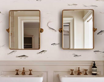 Fish Bathroom Wallpaper, Coastal Peel and Stick Decor, Nautical Wall Mural, Ready to Install Matching Rolls