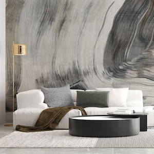 Modern Abstract Wallpaper – Textured Neutral Wall Mural in Beige, Gray and Black Waves for Bedroom, Living Room or Contemporary Interiors