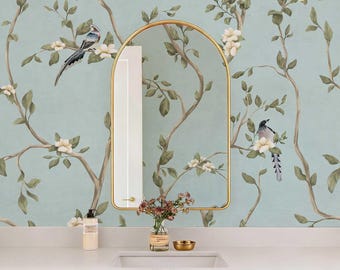 Blue Chinoiserie Wallpaper Peel and Stick, Birds and Branches Wall Mural, Botanical Wallpaper for Bathroom Bedroom Living Room