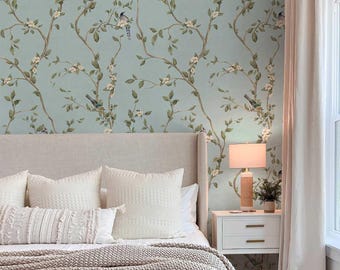 Botanical Wallpaper with Birds, Peel and Stick Floral Wallpaper, Tree Branch Wall Mural for Bedroom