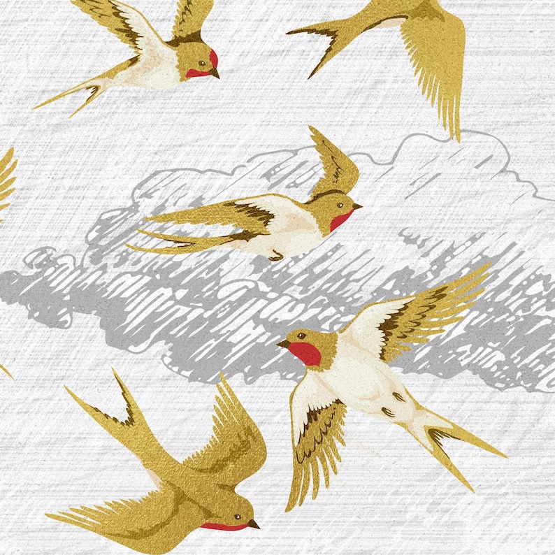 May include: A repeating pattern of gold and white birds with red accents, flying against a textured white background with gray cloud-like shapes. The birds have detailed wing patterns and are in various positions.