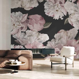 Dark Floral Peony Wallpaper – Large White and Pink Flowers on Black Wall Mural – Vintage Botanical Wall Covering  for Living Room & Bedroom