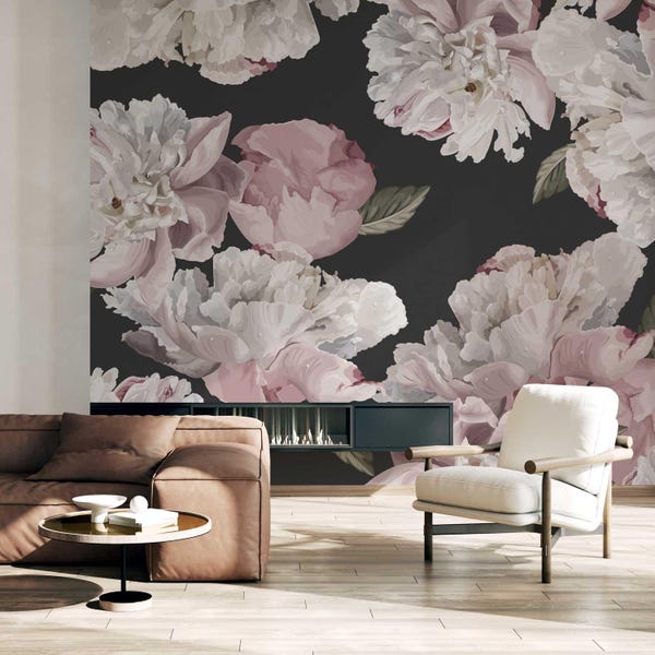 Dark Floral Peony Wallpaper – Large White and Pink Flowers on Black Wall Mural – Vintage Botanical Wall Covering  for Living Room & Bedroom