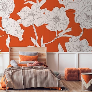 Bright Floral Wallpaper With Large Flowers, Bold Orange Floral Wall ...
