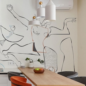 Papel tapiz removible con silueta de cuerpo despegable y adherible, mural de pared en blanco y negro neutro, calcomanía moderna autoadhesiva temporal.