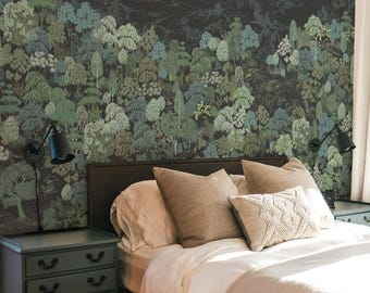 Dark Forest Wallpaper Mural, Lush Green Botanical Wall Covering for Bedroom, Bathroom or Dining Room, Landscape Accent Wall Mural, 5-187R с2